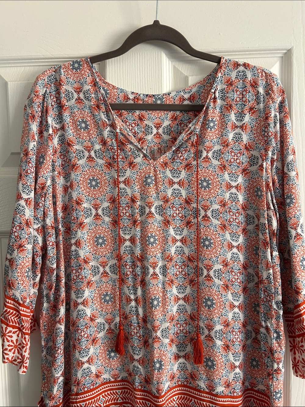 Boho Medallion Print Tunic M/L Rayon Tassel Tie Peasant Blouse - Picture 3 of 12